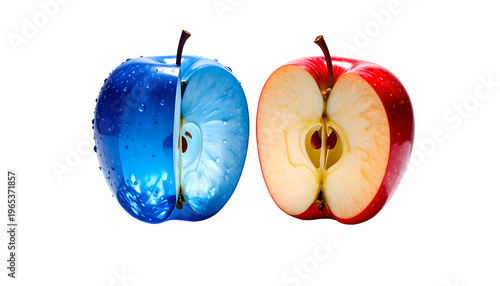 A split apple, one half blue, the other red, against a black background