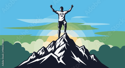 Victorious runner atop a mountain summit celebrates achievement at sunrise