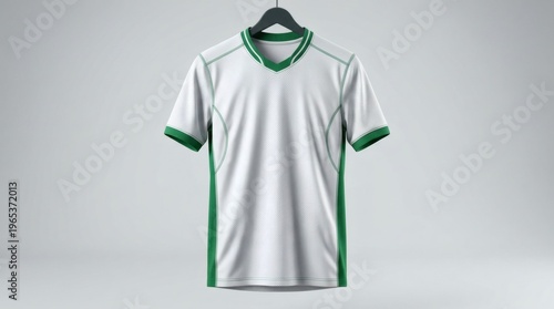 White and green soccer jersey on a black hanger