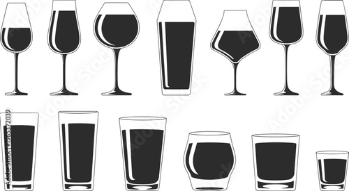 Glassware icons set with wine glasses beer mugs and cocktail glasses silhouettes for bar restaurant drink menu and hospitality service