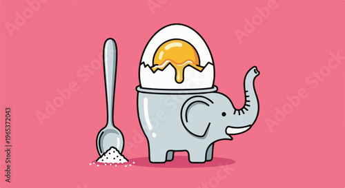 Whimsical elephant egg holder with spoon and salt on pink