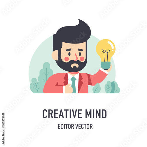 Bearded Businessman Holding Glowing Light Bulb, Idea Generation Concept