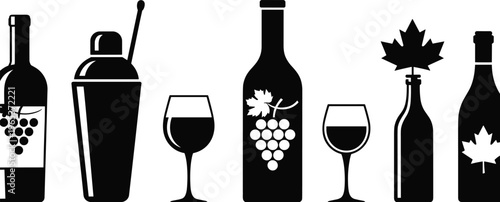 Glassware silhouettes set with wine glasses beer mugs and cocktail glasses for bar restaurant drink menu and professional hospitality service