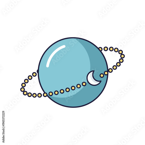 Cartoon Planet with Ring and Crescent Moon Icon