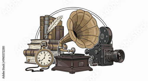 Vintage objects books, gramophone, film camera, pocket watch, quill