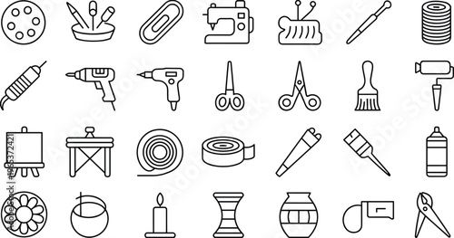 Hand Drawn Craft and DIY Line Icons Featuring Sewing Machine Tools Paint Brushes Stationery and Creative Workshop Equipment for Artistic Projects