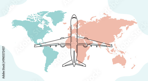 Clean line art illustration of a commercial airplane flying over a stylized pastel world map. Perfect for travel agency marketing and global logistics concepts.