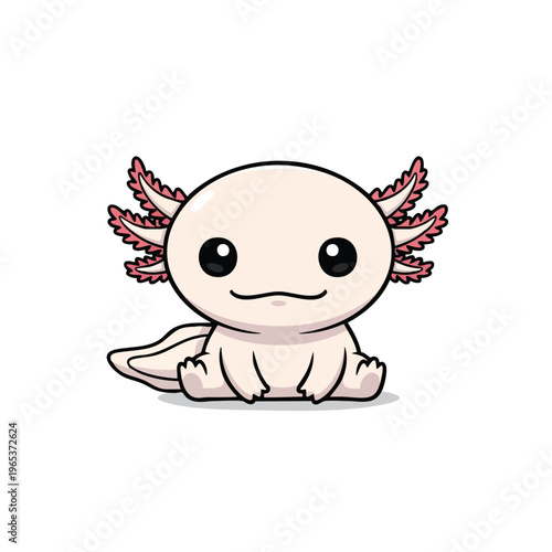 Cute axolotl vector illustration with big sparkling eyes, pink gills, and friendly smile sitting playfully