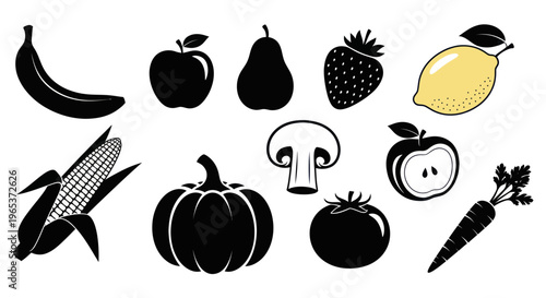 Fresh Fruit and Vegetable Icons: Banana, Apple, Pear, Strawberry, Lemon, Corn, Pumpkin, Mushroom, Tomato, Carrot