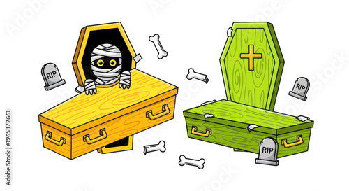 Funny Mummy Emerging from Coffin, Halloween Scene with Tombstones and Bones