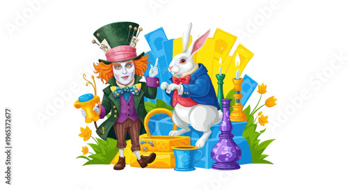 Mad Hatter and White Rabbit, Alice in Wonderland Characters, Fantasy Illustration