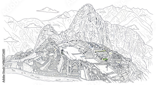 Machu Picchu Inca Citadel in Andes Mountains, Peru - Line Art Illustration