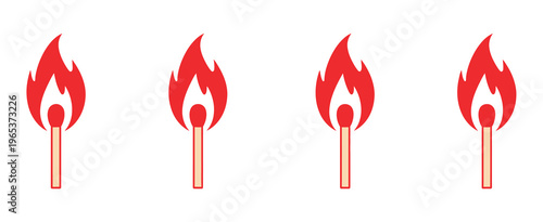 Match, flame vector icon isolated style with fire burning matchstick, representing ignition, heat, and combustion, clean modern flat vector design