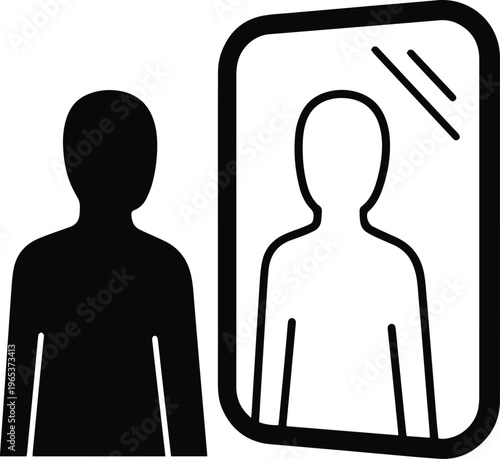 Self-reflection vector icon, person looking in mirror, introspection and self-awareness concept, black and white graphic for identity and mental health