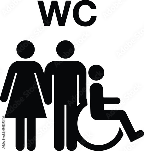 WC sign for accessible public restrooms, inclusive toilet pictogram for men, women, and disabled individuals, vector graphic for universal design