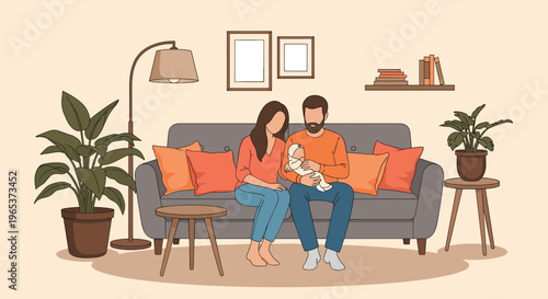 Happy parents sitting on sofa with newborn baby in cozy living room interior family bonding love and care vector illustration
