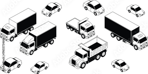 Isometric Vector Line Art Illustration of Various Transportation Vehicles Including Cargo Trucks Delivery Vans and Sedan Cars for Logistics Design