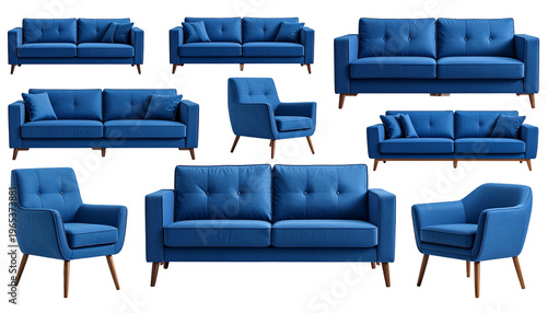 A collection of various modern blue couches and armchairs against a black background