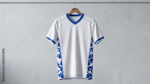 White Blue Sports Jersey Mockup Hanging Athletic Shirt with Geometric Side Design