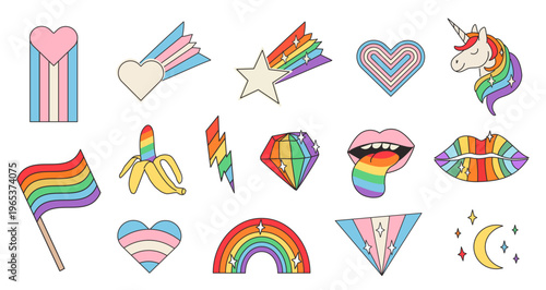 Hand-drawn retro Pride icons with rainbow and transgender flag gradients. Inclusive LGBTQ doodle collection of unicorns, hearts, lightning bolts, and stars for digital stickers or branding. Vector.