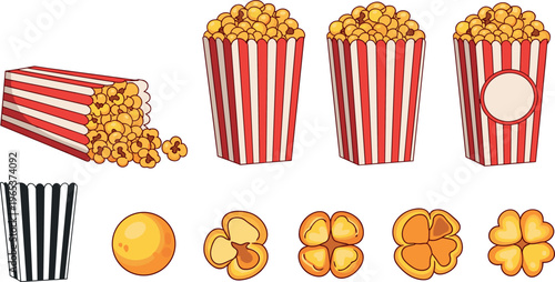 Popcorn bucket and kernels set with striped containers popped corn pieces and snack elements cinema food vector illustration