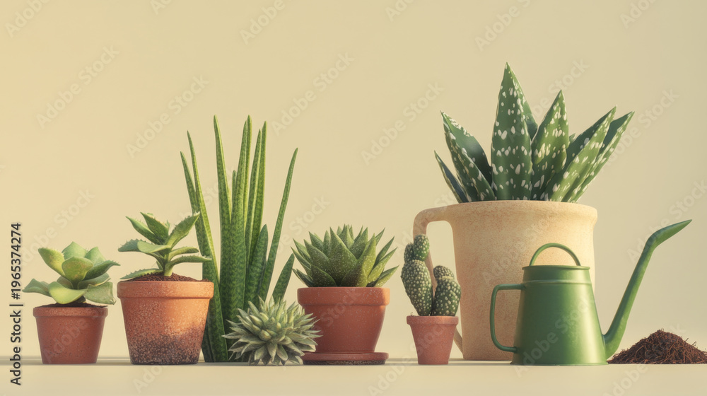Fototapeta premium Potted cacti and succulents with garden tools on beige surface