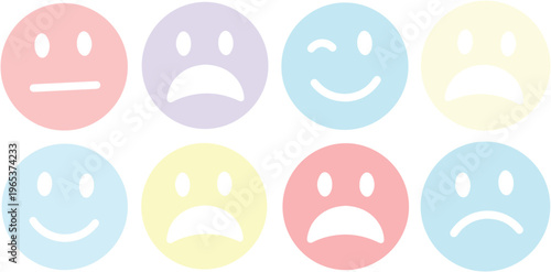 Pastel emoji vector set, 8 colorful emotion icons for customer feedback and mood tracking. Happy, sad, neutral, and winking face expressions for user interface design.