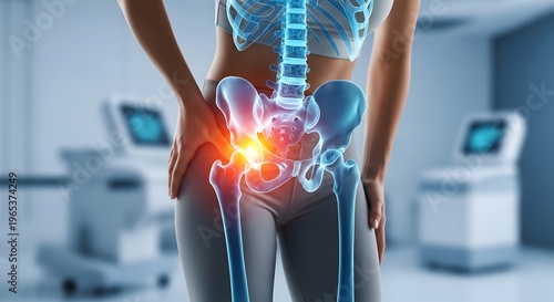 Hip joint pain and pelvic bone anatomy. Orthopedic surgery and femoral health. Skeleton visualization showing glowing inflammation in human hip joint