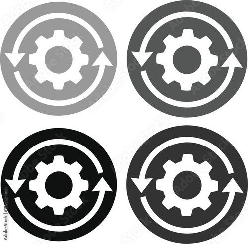 Process automation vector icons, circular gear and arrow symbols, system workflow and update graphics, business operations and continuous improvement concepts