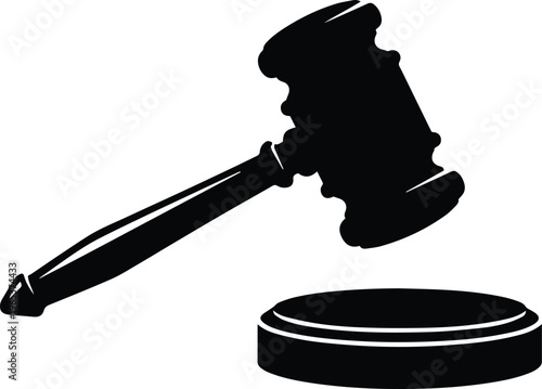 Classic black silhouette of a judge's gavel and sound block, a powerful symbol of justice and law. Vector illustration for legal themes, court proceedings, and authority concepts.