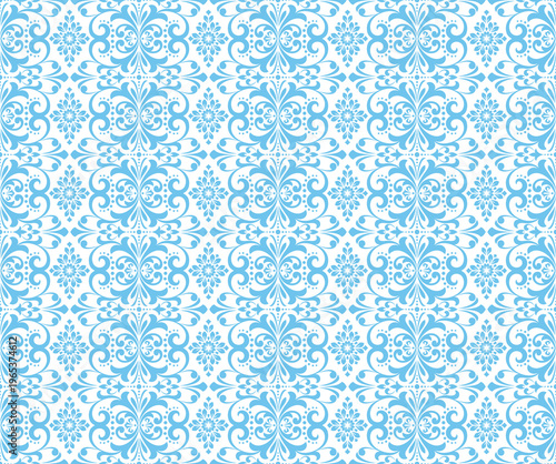 Floral pattern. Seamless vector background. Vintage wallpaper in the Baroque style. White and blue ornament for fabric, wallpaper, packaging. Ornate Damask flower illustration
