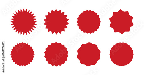 Red circle sticker collection. Star burst shape tags for prices, shops. Wavy edge promo red badge. Flat vintage labels, simple silhouette. Blank sale stickers set. Graphic illustration.