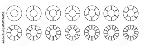 White circle division from 1 2 3 4 5 6 7 8 9 10 11 12 13 14 equal parts. Wheel round divided diagrams from one to fourteen blank white segments. Coaching blank. Infographic set.