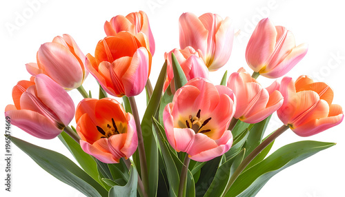 Close-up of vibrant pink and orange tulips in full bloom against a dark backdrop