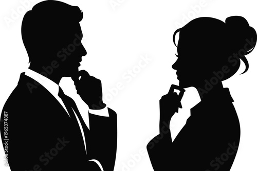 Professional Businessman and Businesswoman Silhouette Profile Poses for Corporate Strategy Brainstorming Communication and Creative Decision Making Process Vector Illustration Set