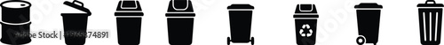 Collection of various trash cans and bins in different styles and shapes for waste management and recycling purposes in urban settings