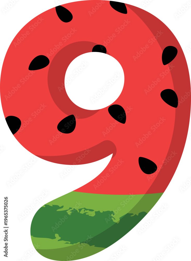 Fototapeta premium Fresh watermelon style number nine vector for alphabet set