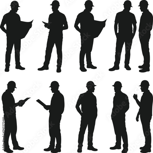 Set of architect and engineer silhouettes wearing hard hats and holding blueprints for construction site planning and professional industrial project management