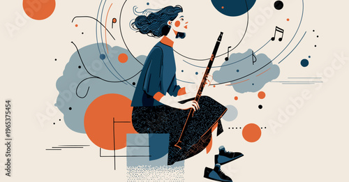 Woman Playing Clarinet Abstract Music Vector Illustration With Flowing Notes and Shapes