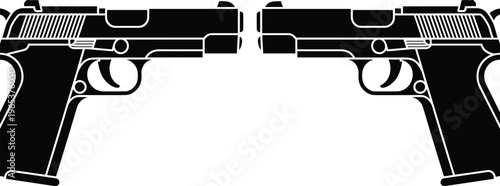 Two Mirrored Black Handgun Silhouettes Facing Each Other Vector Illustration for Firearm Safety Training Personal Defense Security and Tactical Weaponry