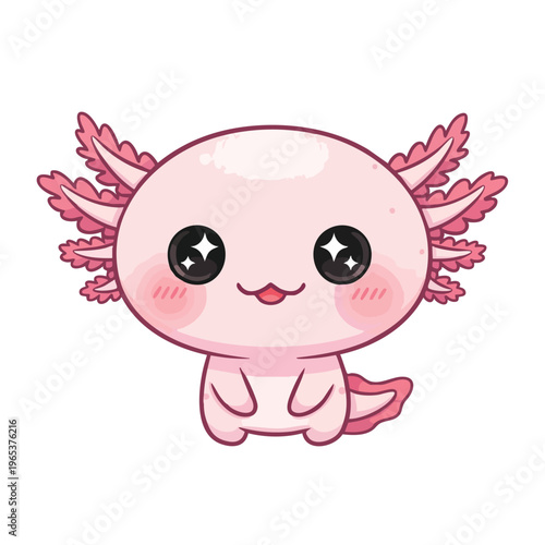 Cute and whimsical cartoon axolotl vector character with large sparkling eyes and pink fins, perfect for children’s designs, stickers, and playful