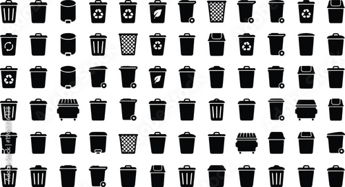 Collection of various trash cans and recycling bins in different shapes and designs on white background