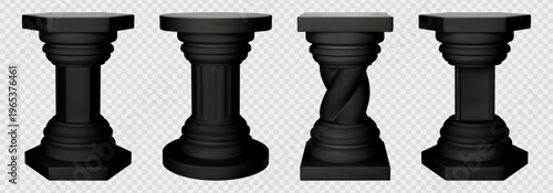 Concrete pillar plinth for roman trophy. Green hexagon marble stand on column. Cement round podium and mythology monument. Justice tribune vector mockup. Ancient building block with surface