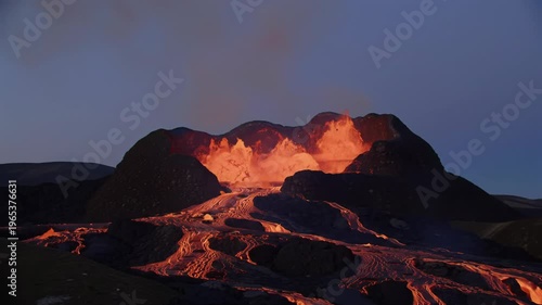 Towering stratovolcano erupts, spewing incandescent lava & black ash into twilight sky; molten rock flows down desolate slopes. Destructive nature