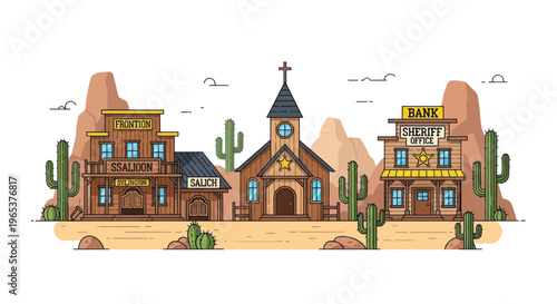 Wild West Town Scene: Saloon, Church, Sheriff, Bank, Cacti, Desert Landscape