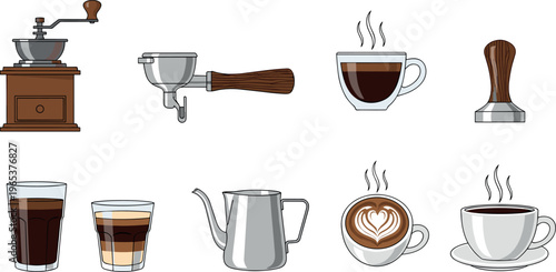 Coffee making tools and drinks collection with grinder portafilter tamper cups latte espresso and kettle vector illustration set