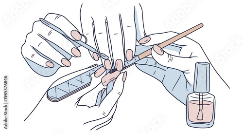 Woman applying manicure with nail file, cuticle pusher, and polish bottle