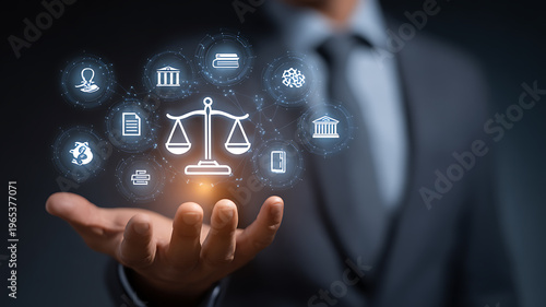 Businessman presenting justice law icons on his hand in a digital concept