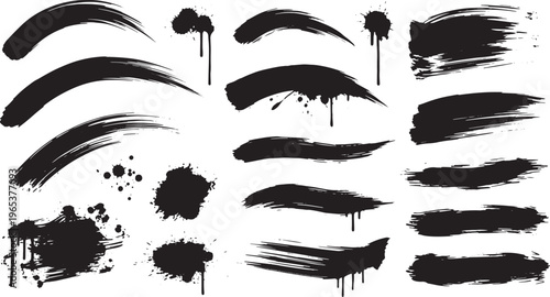 Collection of Black Ink Splatters and Brush Strokes on White Background