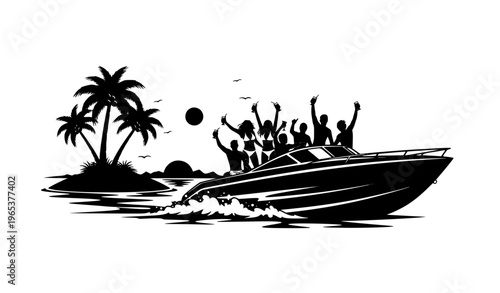Group of friends boating with drinks near tropical island coconut trees silhouette black and white vector